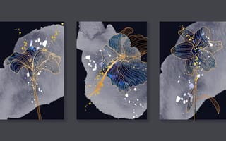 Three rectangles with floral art design in them with dark blue and green colors