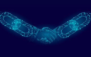 Illustration of digital hands shaking with arms made of blockchain security digital technology