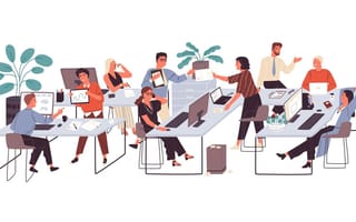Illustration of a group of office workers sitting at desks and communicating