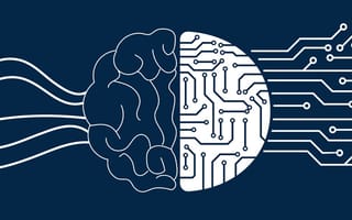 Illustration of a brain that is half circuit board on a navy blue background