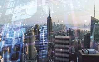 Abstract virtual coding illustration on New York cityscape background,