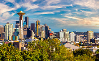 Panoramic view of Seattle cityscape at sunset