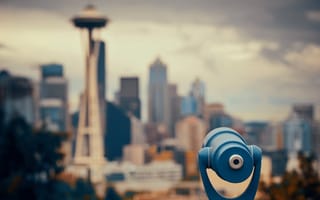 Seattle city view from Kerry Park with urban architecture and a telescope