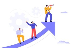 illustration of a businessman running up an upward arrow to see the future