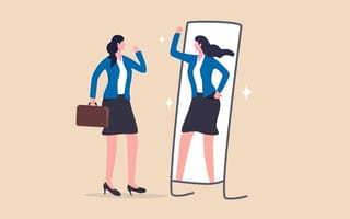 Illustration of a business woman getting a high five from her reflection in a mirror
