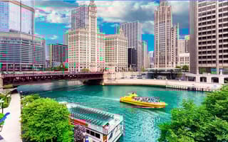 Chicago downtown and Chicago River with bridges on a summer day