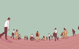 Illustration of city crowd walking on platform from low angle perspective