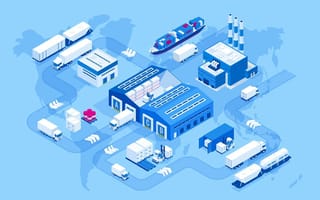 Illustration of air cargo, rail transportation, maritime shipping, warehouse, container ship, city skyline on the world map