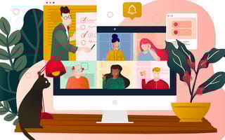 Illustration of a group of colleagues taking part in a video conference on a desktop computer.