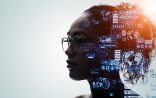 Woman's profile overlayed with communication icons