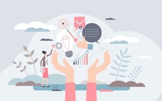 Illustration of hands holding icons of different office skills depicting someone's skill set