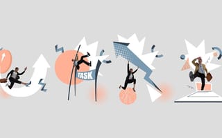 Illustration of business people doing their tasks, going through problems, developing growth.