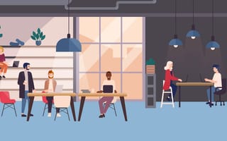 Illustration of people working on laptops in co-working area.