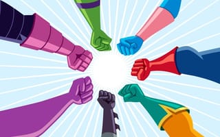 illustration depicting team of superheroes assembling against common enemy.
