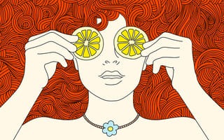 Illustration of a woman with curly red hair, covering her eyes with lemon slices