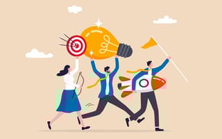 Illustration of business people holding winner flag, rocket ship, lightbulb idea and target plan