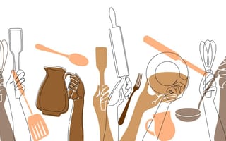Illustration of hands holding different cooking utensils