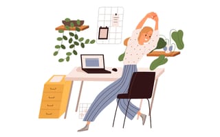 Illustration of a woman stretching at her desk during a break at work