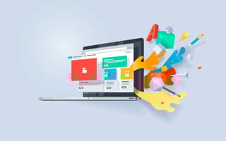 Illustration of web design elements and tools coming out of a laptop screen