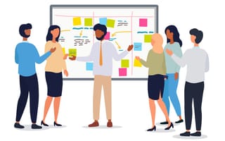 Illustration of a manager holding a meeting with his team