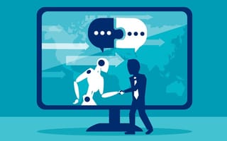 Illustration of a human businessman communicating with an AI robot