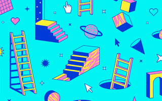 Illustration of arches, stairs, surreal and geometric shapes.