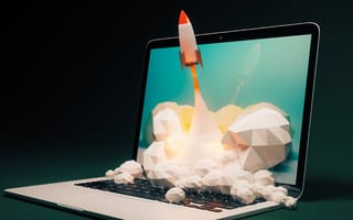 3D rendering of a rocket flying out of laptop screen