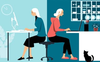 Illustration of a woman in hybrid work place sharing her time between an office and working from home remotely