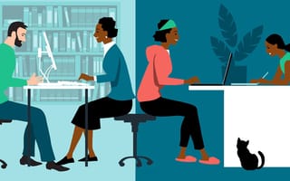 Illustration of a woman in hybrid work place sharing her time between an office and working from home remotely