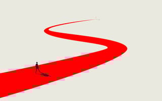 An illustration with the silhouette of a lone character walking on a winding red road that disappears onto the horizon against a stark white background.