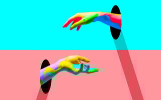 An image of two disembodied rainbow-colored hands reaching toward the center of the screen, looking like they are grasping for each other. One hand is emerging from a blue background, the other hand is emerging from a pink background.
