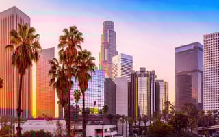 the skyline of los angeles during sunrise