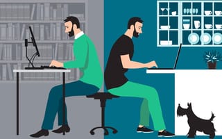 Illustration of a man in hybrid work place sharing his time between an office and working from home remotely