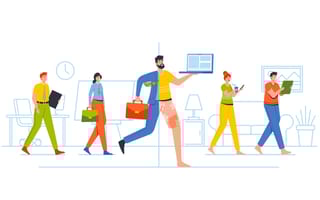 Illustration depicting people in a hybrid work environment