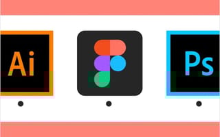 Adobe Illustrate, Figma, and Adobe Photoshop icons lined up next to each other on a white and pink background