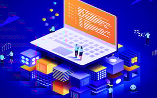 A laptop sitting on top of a stack of blocks and surrounded by people wanting to become blockchain developers.