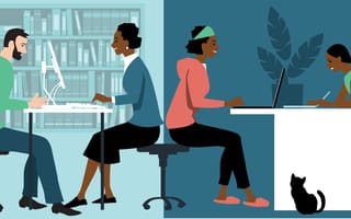 Two sets of illustrated people work in iin-office and home-office environments