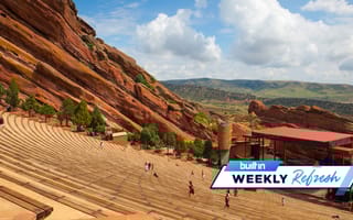 People working out on the bleachers at Red Rocks