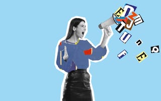 A collage image of a woman against a blue background yelling into a microphone with a jumble of magazine letters spilling out.