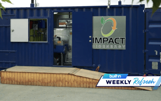 A blue shipping container converted into Impact Bioenergy’s food waste energy unit