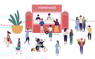 Vector image of a stall with tasty homemade meals, adorable people buying and selling street food at open air market