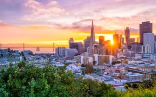 Beautiful view of business center in downtown San Francisco in USA at dusk.