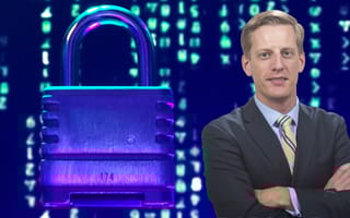 SideChannel’s CEO Brian Haugli. in front of a blue, purple, and green background with a large padlock to the left