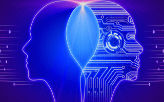 A human and AI head intertwined to perform augmented intelligence.