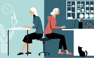 A woman working from in-office and remote settings.