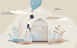 Man escapes an open birdcage by floating on a balloon string.