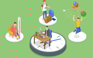 Art of four men in separate circles. One is celebrating, one is going on vacation, one is sick, and one is working. The working one's desk is on top of a clock.