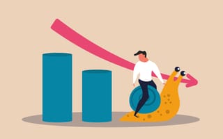 Man riding a snail in front of a declining graph