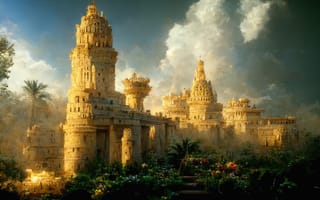 Babylonian towers against a blue sky.