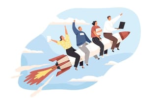A graphic shows four employees on a rocket